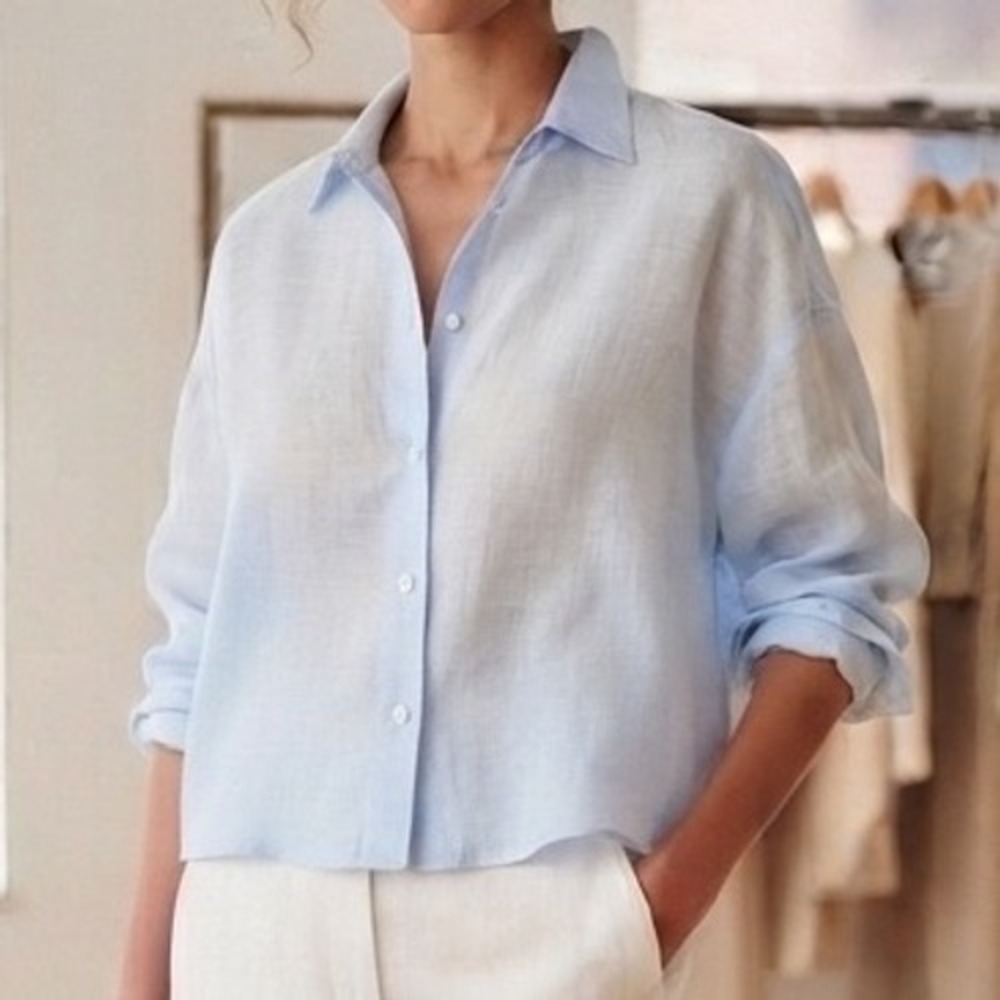Loft Womens Light Blue Button Down Shirt Drop Shoulder Pocket XS - Picture 1 of 6